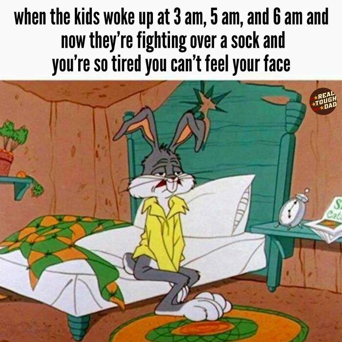 Tired cartoon rabbit sitting on bed after kids wake up early and fight over a sock, depicting relatable parenting meme.