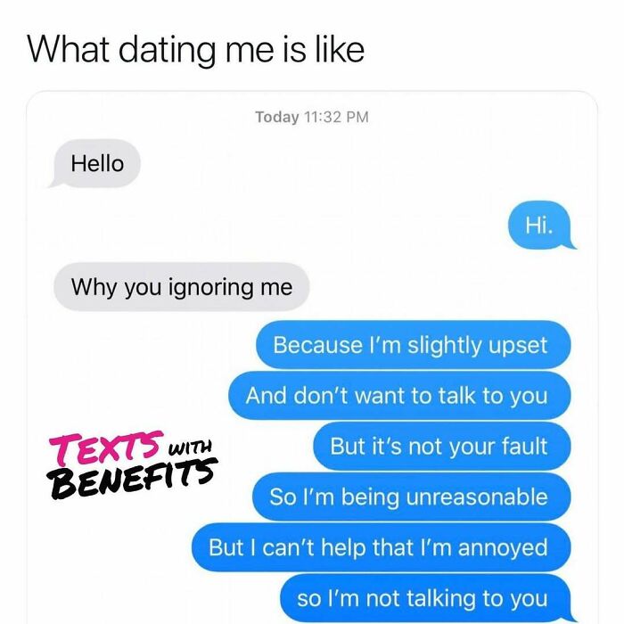 Text message conversation humorously illustrating dating struggles with unhinged, relatable tweets about dating experiences and communication.