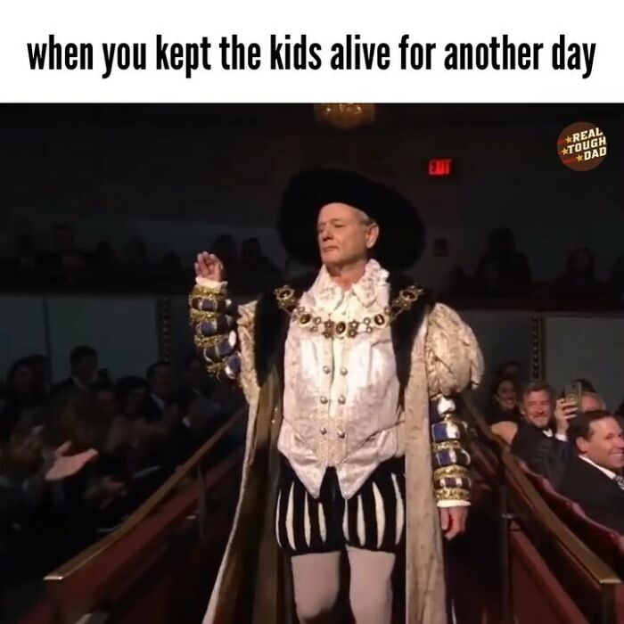 Man dressed in a royal costume with caption about parenting, illustrating relatable parenting memes humor and daily struggles.