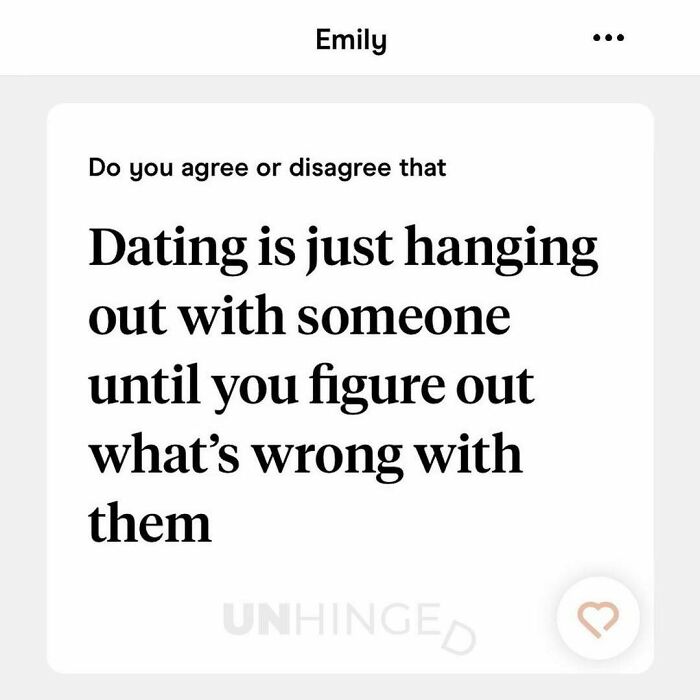 Dating app screenshot with a quote about dating being hanging out until you figure out what’s wrong with someone.