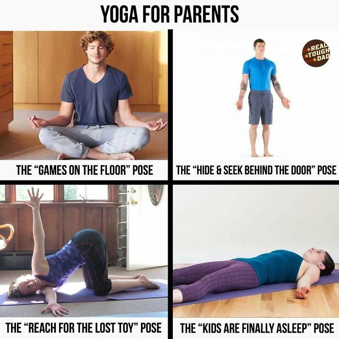 Parents humorously demonstrating yoga poses named after common parenting moments in relatable parenting memes.