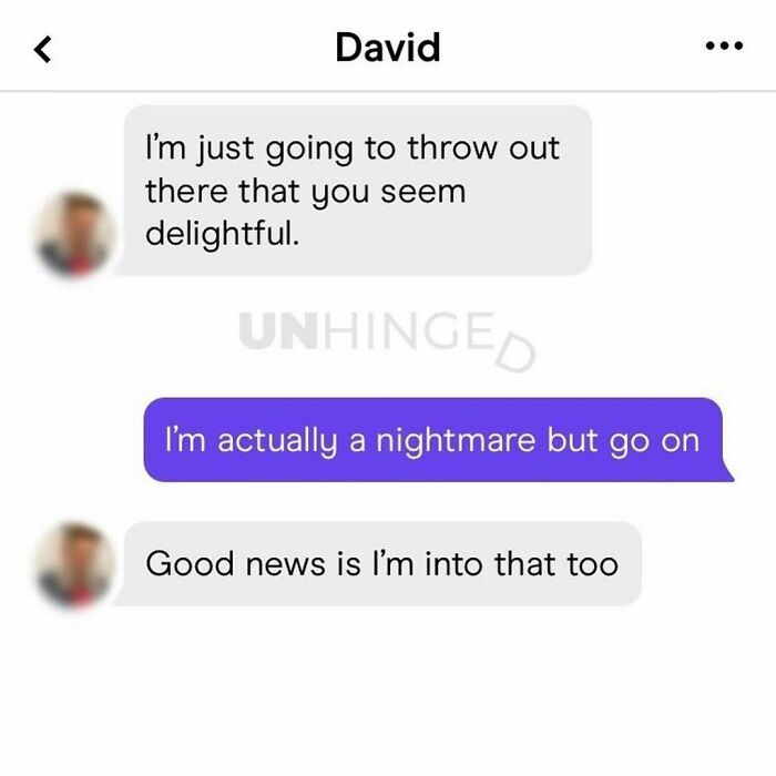 Text message exchange on a dating app showing hilarious and unhinged conversation between two people.