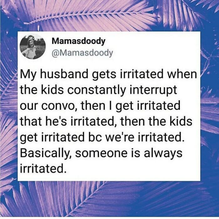 Parenting meme describing the cycle of irritation between husband, wife, and kids in relatable family moments.