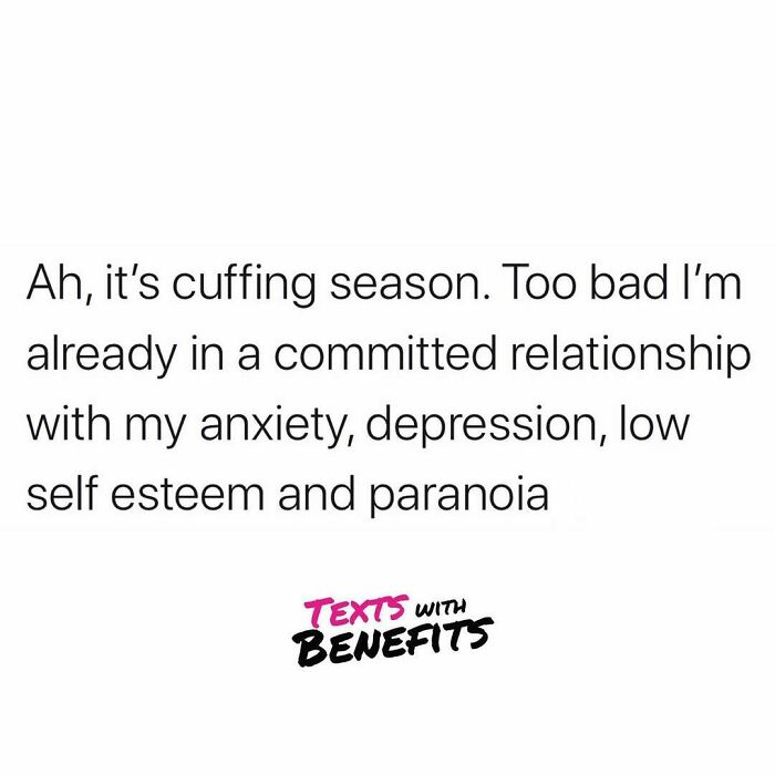 Text about cuffing season and dating humor mentioning anxiety, depression, and relationships from unhinged dating tweets.