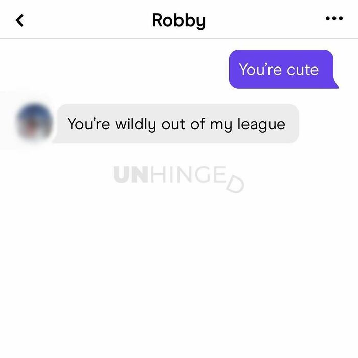 Dating app conversation showing a funny and unhinged reply about being wildly out of someone's league.
