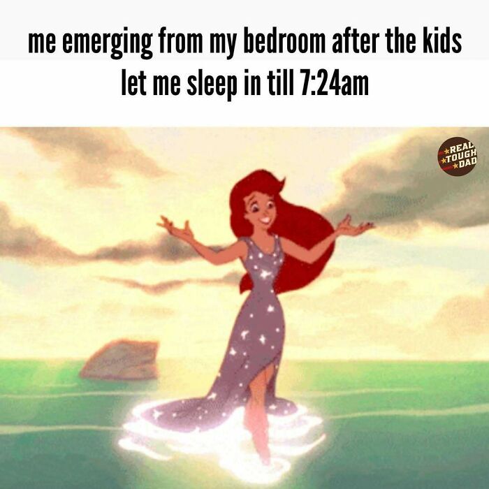 Relatable parenting meme showing a happy animated woman emerging from water, celebrating extra sleep from kids.
