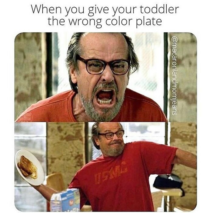 Man in red shirt angrily reacting then smiling, illustrating relatable parenting memes about toddler's wrong color plate frustration.