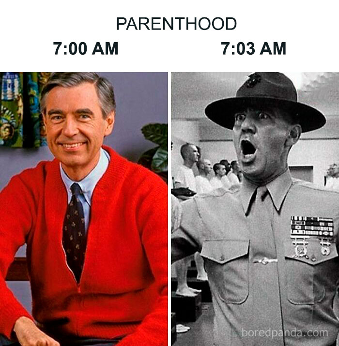 Two contrasting images illustrating relatable parenting memes: calm and cheerful at 7 AM, intense and shouting at 7:03 AM.