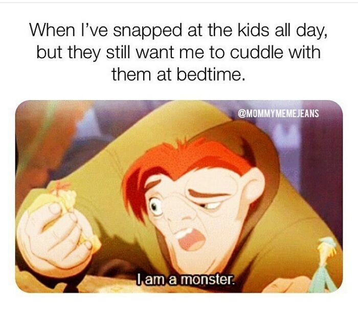 Cartoon character humorously calling themselves a monster after snapping at kids but still cuddling at bedtime in parenting memes.