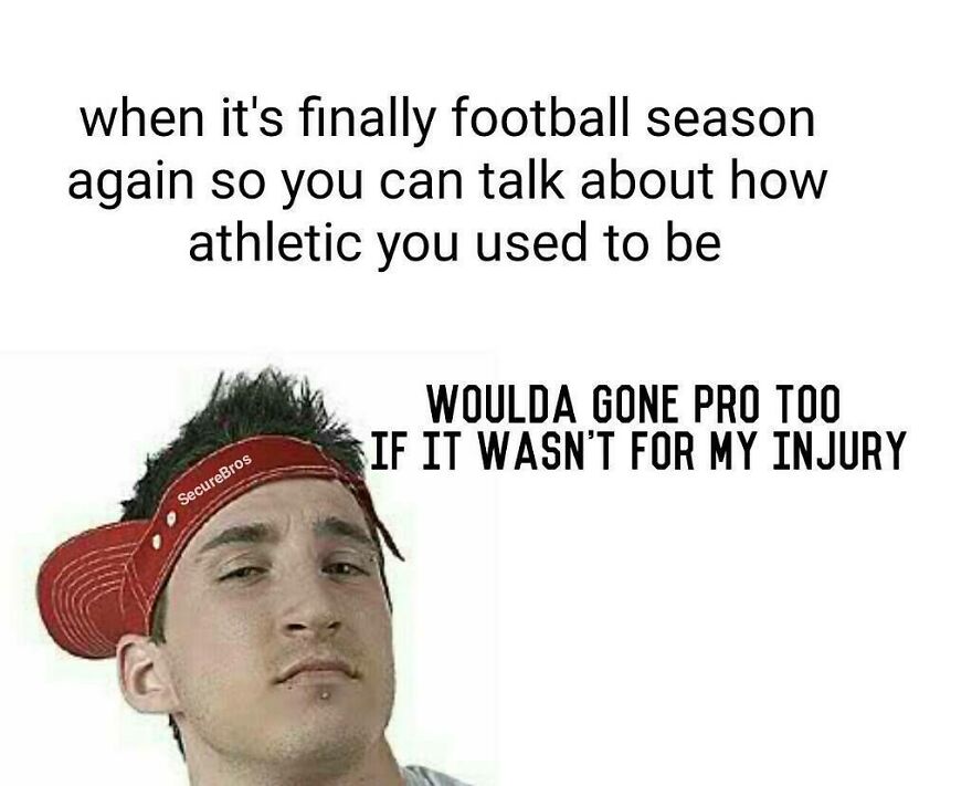 Young man with sideways cap making a humorous alpha male post about football season and past athleticism.