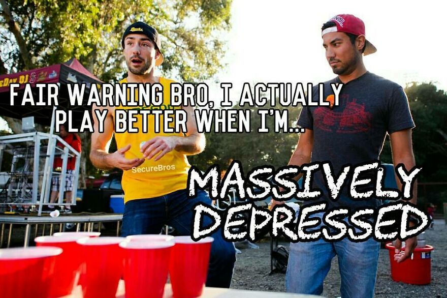 Two young men playing beer pong outdoors, with humorous text making fun of alpha males' mental state.