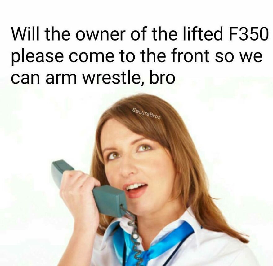 Woman holding a phone with text making fun of alpha males and lifted F350 truck owners in a humorous post.