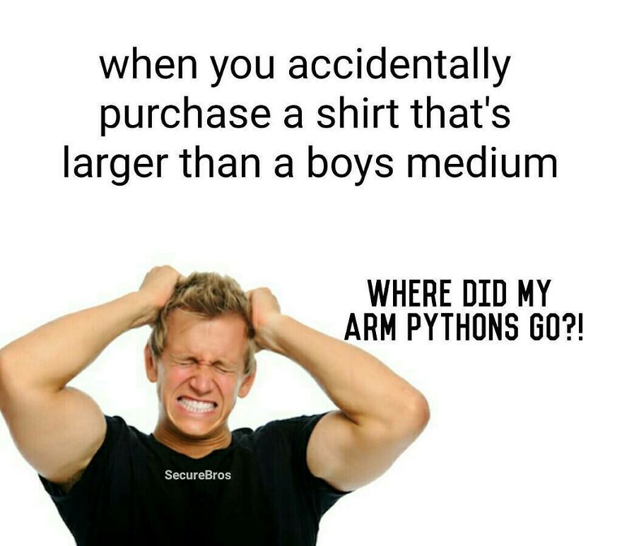 Man with frustrated expression holding head, wearing a black shirt, humorous post making fun of alpha males and arm muscles.