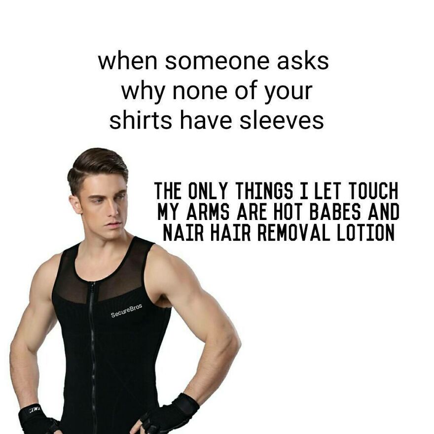 Man in sleeveless black shirt joking about alpha males and hair removal lotion, showcasing muscular arms and confident pose.