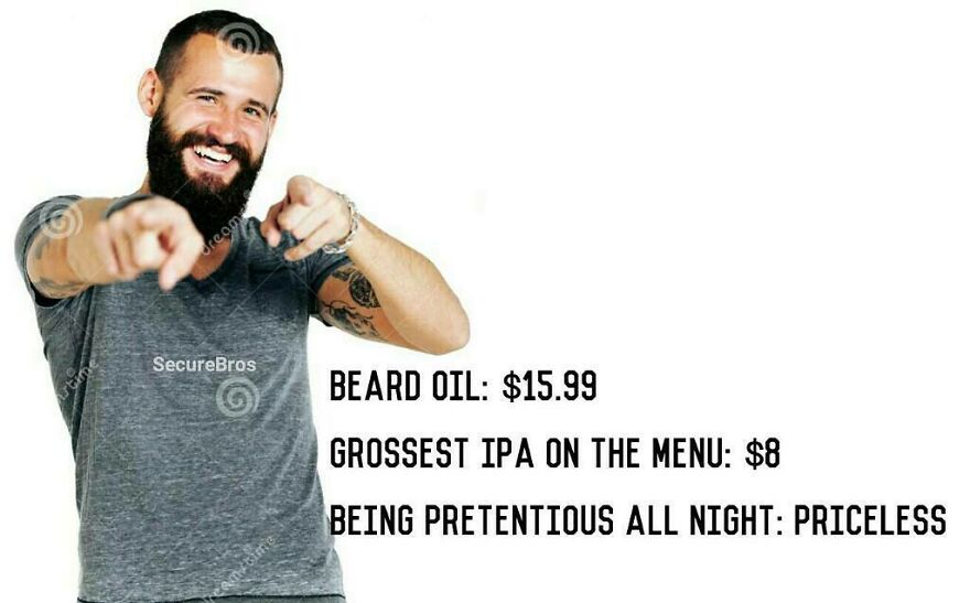 Bearded man pointing and smiling with funny text mocking alpha males and their pretentious behavior.