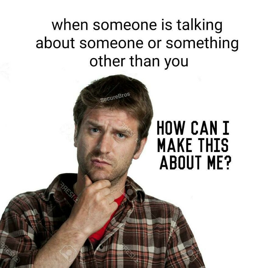 Man in plaid shirt thoughtfully posing with text about making conversations about himself, humor on alpha males behavior.