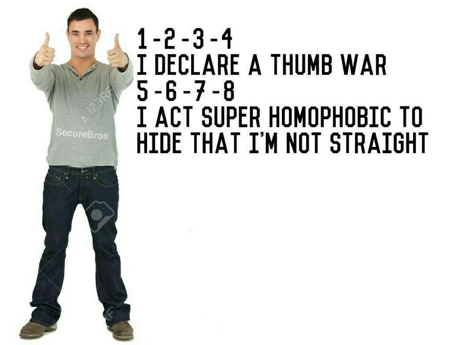Young man giving thumbs up next to humorous text mocking alpha males with a thumb war rhyme about hidden sexuality.
