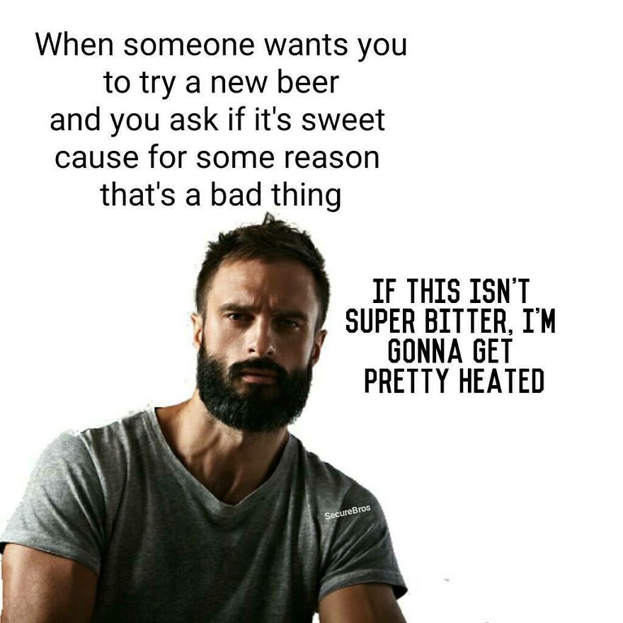 Bearded man humorously reacting about beer taste, highlighting hilarious posts making fun of alpha males.