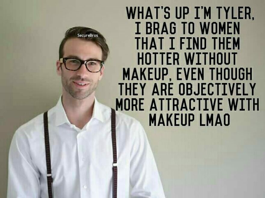 Man in glasses and suspenders next to a humorous post making fun of alpha males bragging about women without makeup.