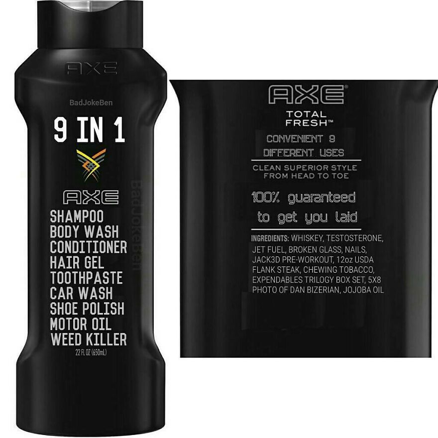 Black AXE 9-in-1 bottle labeled with humorous uses like shampoo, hair gel, shoe polish, and weed killer mocking alpha males.