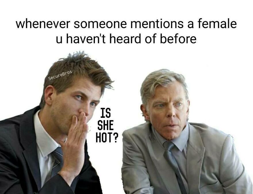 Two men in suits whispering and questioning, illustrating a funny take on alpha males' curiosity about unknown females.