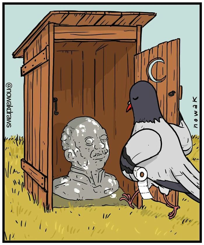 Humorous one-panel comic showing a pigeon entering an outdoor wooden toilet with a stone bust inside.