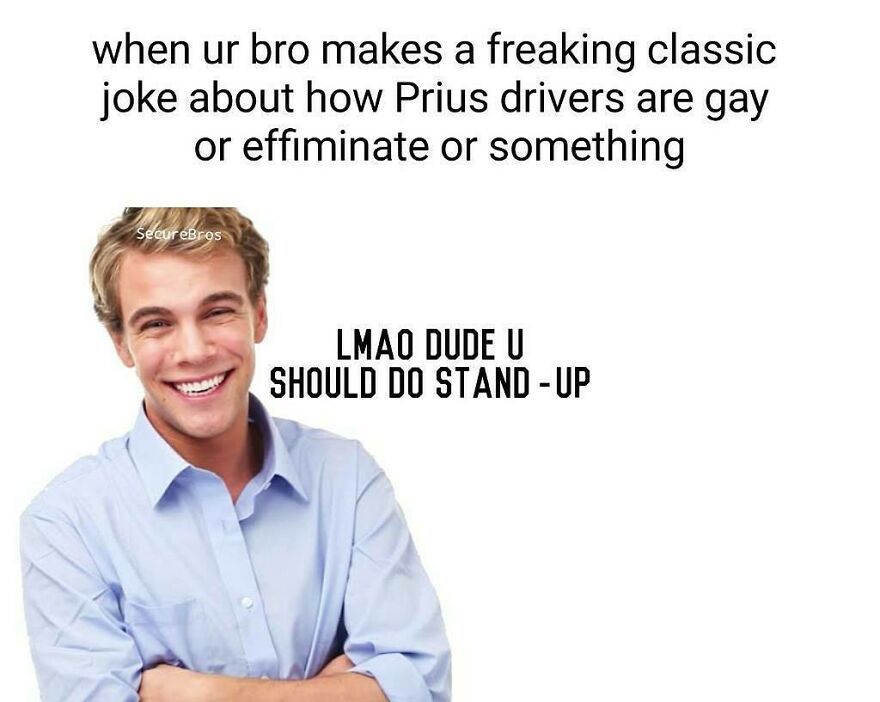 Young man laughing at a classic joke, highlighting humorous posts making fun of alpha males online.