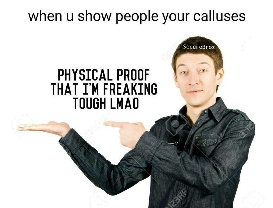 Young man pointing at his hand with calluses, illustrating a funny post making fun of alpha males.