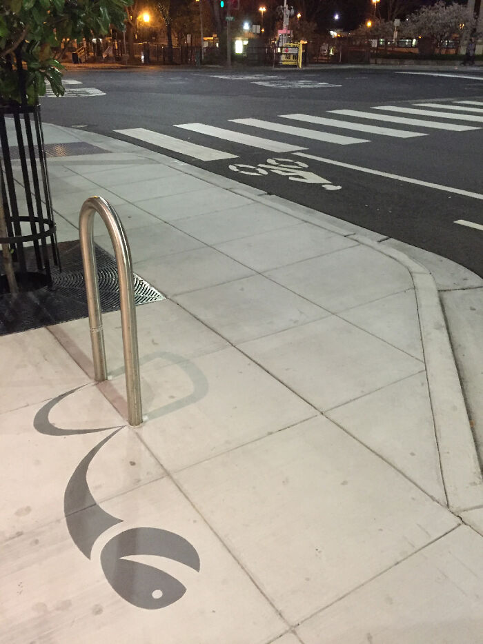Metal pole casting clever shadow art on sidewalk creating a fish shape, a creative shadow art installation at night.