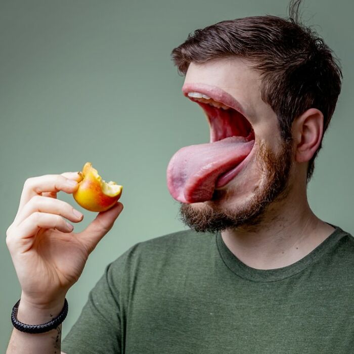 Surreal photo manipulation of a man with a distorted face holding a bitten peach, showcasing amazing logic-challenging effects.