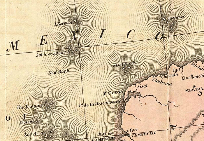 Vintage ocean map showing Mexico and surrounding areas, highlighting weird and fascinating things that happened in the ocean.