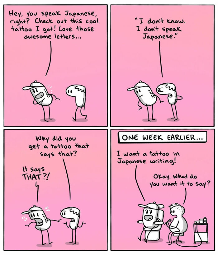 Comic illustrating language differences with a character who gets a misunderstood Japanese tattoo in a humorous situation.
