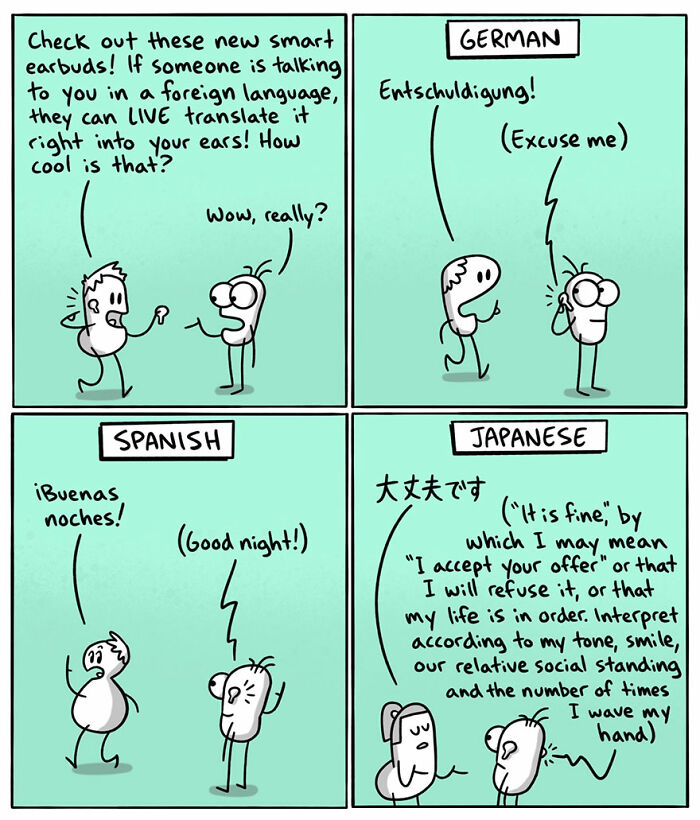 Comic illustrating language differences in German, Spanish, and Japanese with live translation earbuds concept.
