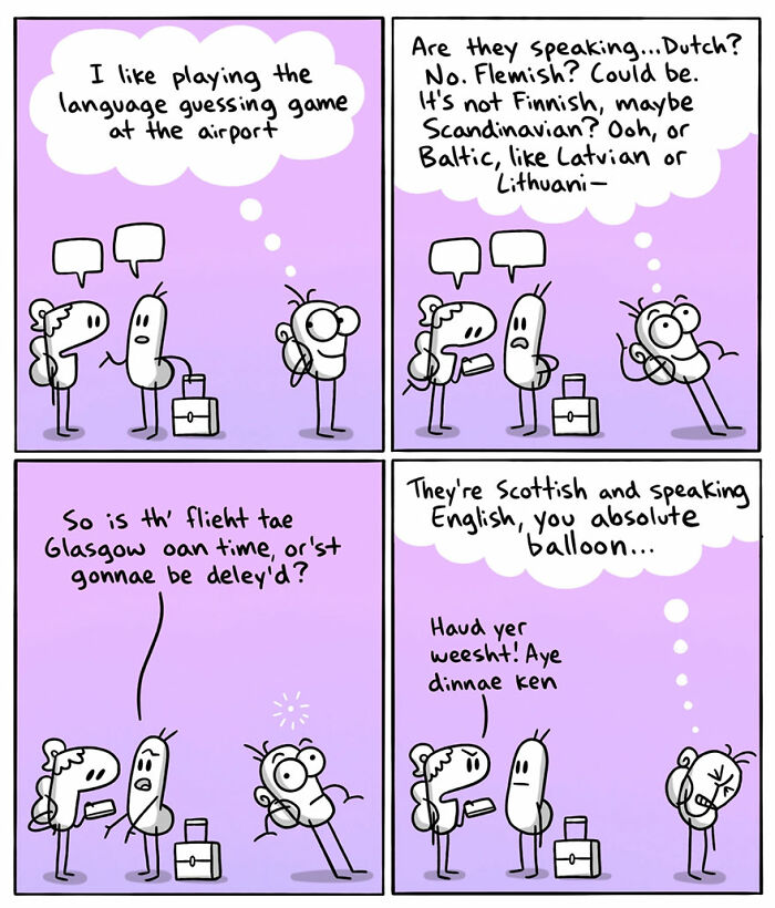 Comic illustrating language differences between countries with humorous dialogue about Scottish English accents.