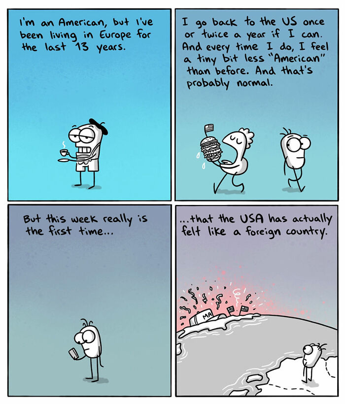 Comic illustrating cultural differences and feelings of foreignness in different countries by artist in 44 new comics.