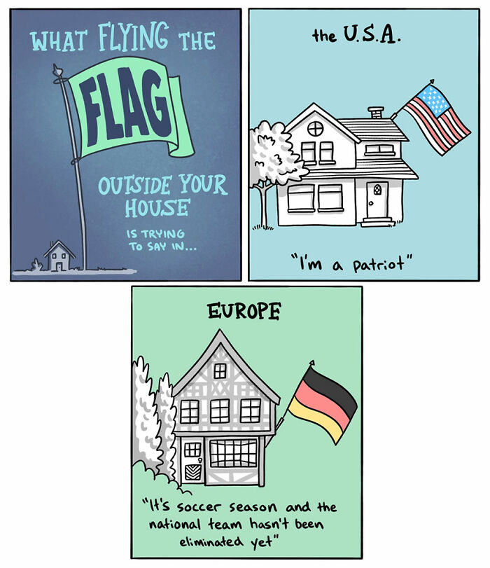 Comic illustrating cultural differences of flying flags in the USA versus Europe, highlighting humor in language and country traits.