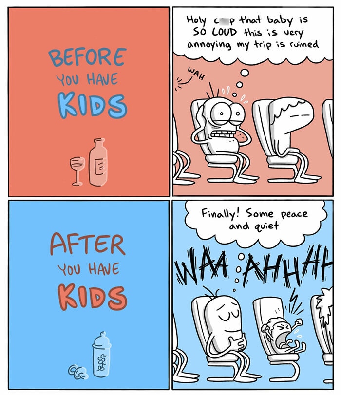 Comic illustrating the humorous differences before and after kids, highlighting language and cultural observations in the artist's style.