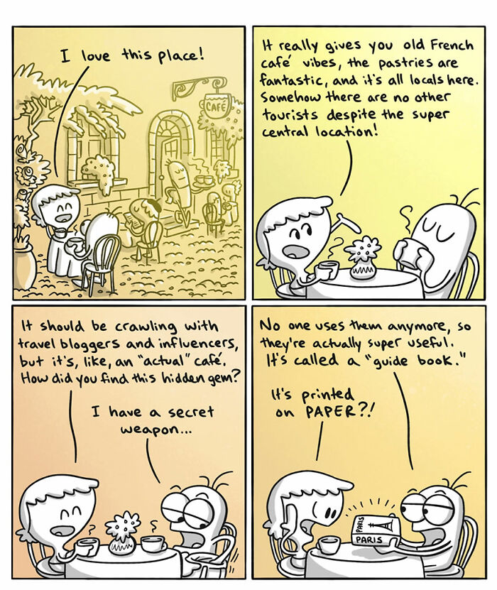 Comic by artist humorously illustrating cultural differences between countries with characters discussing a hidden Paris café guidebook.