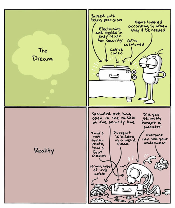 Comic illustrating the difference between dream vs reality of packing a suitcase, humor in artist’s illustrations about countries and languages.