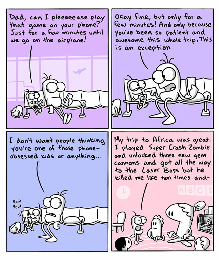 Comic illustration humorously depicting cultural differences and language in a parent's interaction with a child at the airport.