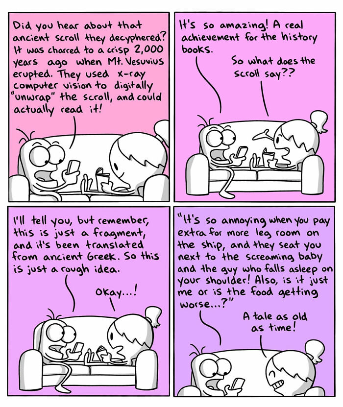 Comic illustration humorously highlighting cultural language differences between countries through a casual conversation.