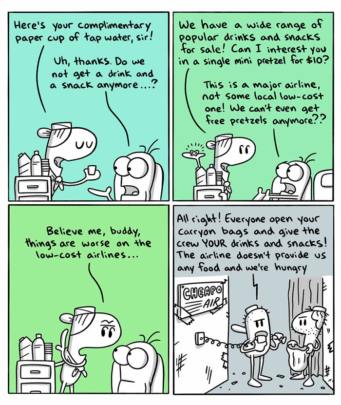 Comic illustrating differences in airline service humorously, highlighting contrasts in countries and languages.