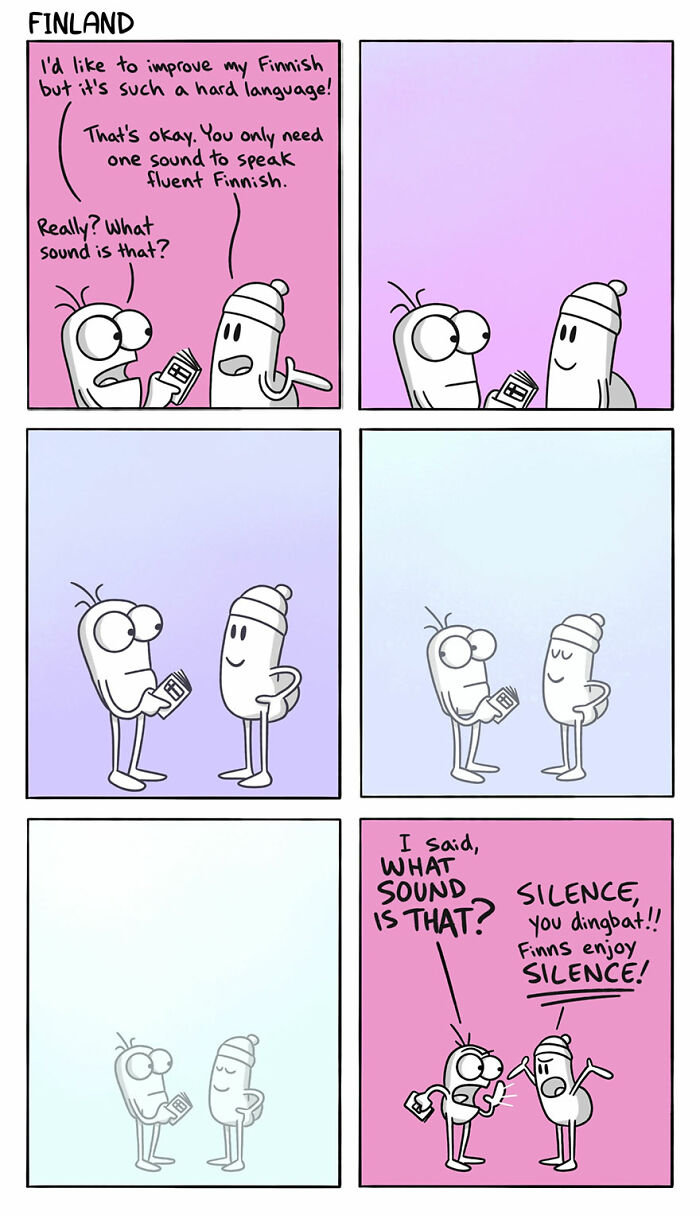 Comic illustrating language differences in Finland, humorously showing how Finns enjoy silence in conversations.