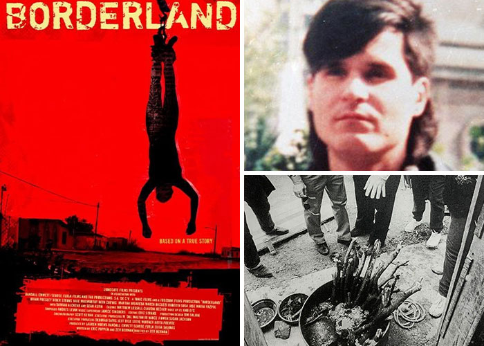 Poster of the horror film Borderland showing a hanging figure, alongside images related to real-life inspired events.