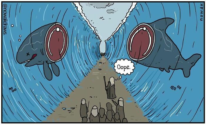 Humorous one-panel comic showing a group walking between parted seas with fish creating an unexpected scene.