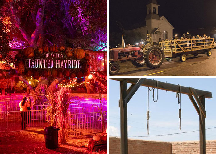 Halloween tragedies visualized with a haunted hayride, crowd on a wagon, and old hanging nooses outdoors.