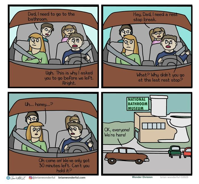 Family car ride comic with dark humor about bathroom breaks and a stop at the National Bathroom Museum.
