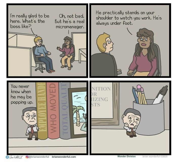 Comic strip showing a conversation about a micromanager who literally pops up and watches work, featuring dark humor and random laughs.