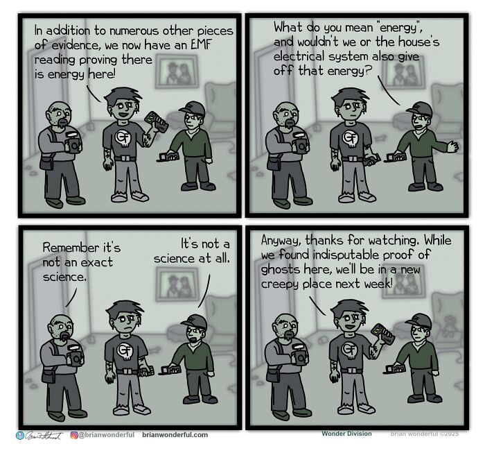 Comic scene featuring three men humorously discussing energy and proof of ghosts, showcasing dark humor and random laughs.