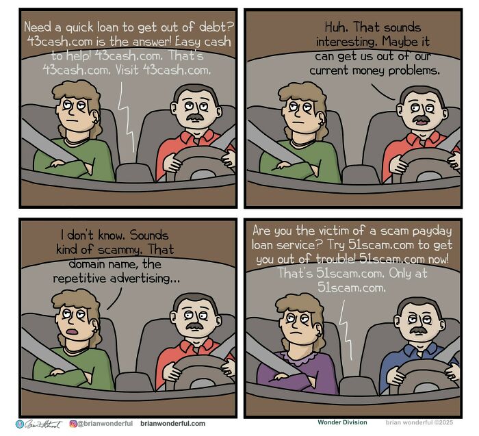 Two men in a car discuss scam payday loans in a dark humor comic by Brian Wonderful.